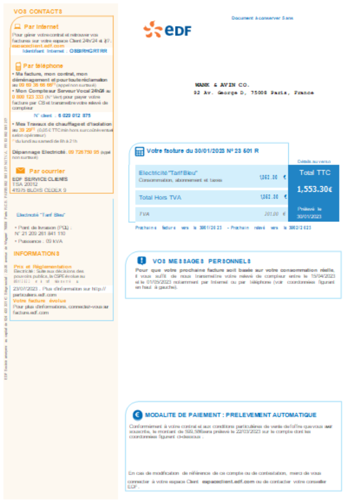 Download EDF France Electricity utility business bill   SCR Photoshop template